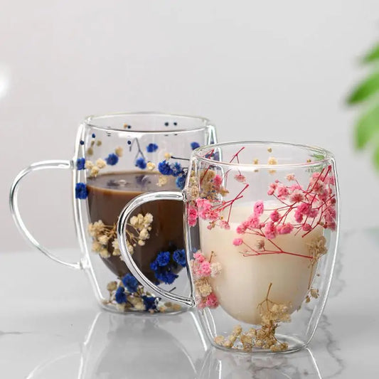 Flower Cup real dried flowers Double Wall Glass Cup